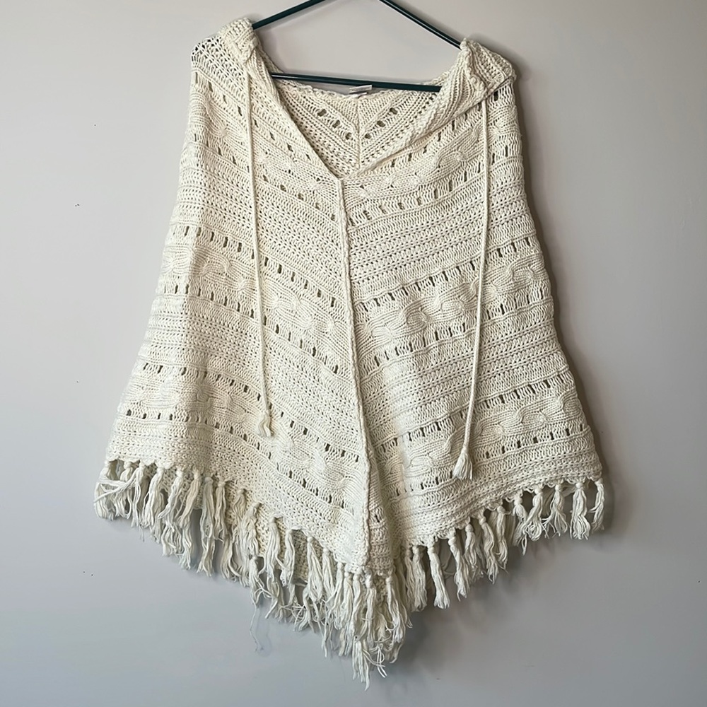 Creme beige knitted poncho with hood